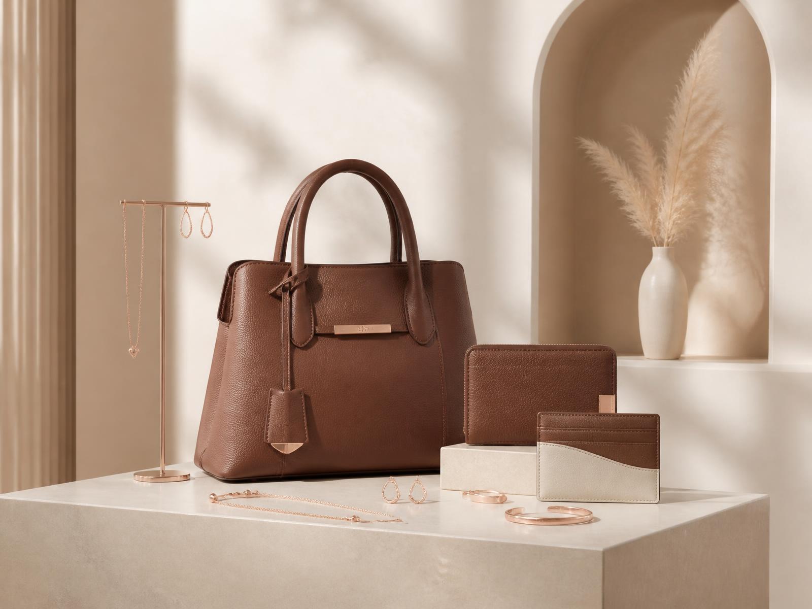 Bolsa e acessórios femininos em composição editorial da Sharon Modas